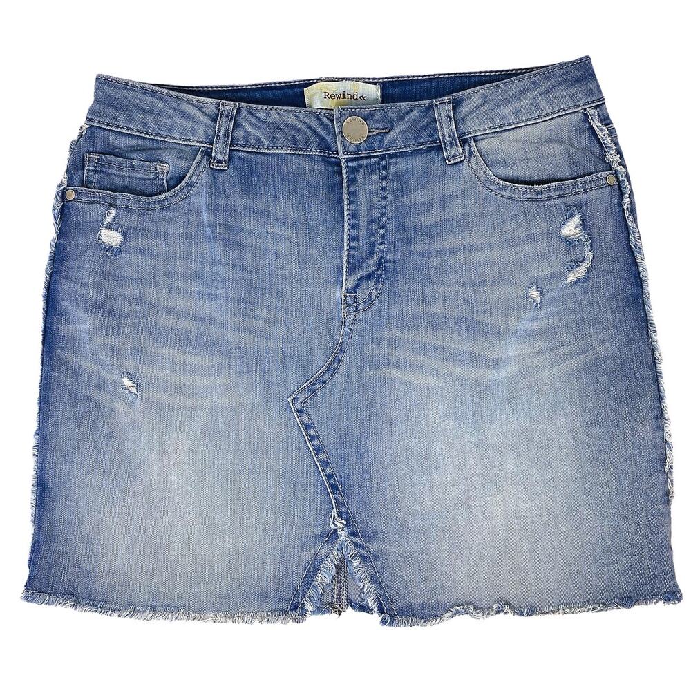 REWIND Distressed Denim Blue Jean Frayed Hem Mini Skirt 7/28
